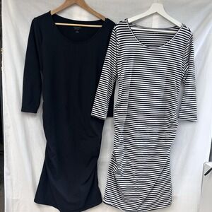 Lot Of 2 Isabel Maternity Sz L Knee Length Bodycon Dress Navy Striped /‎ Black